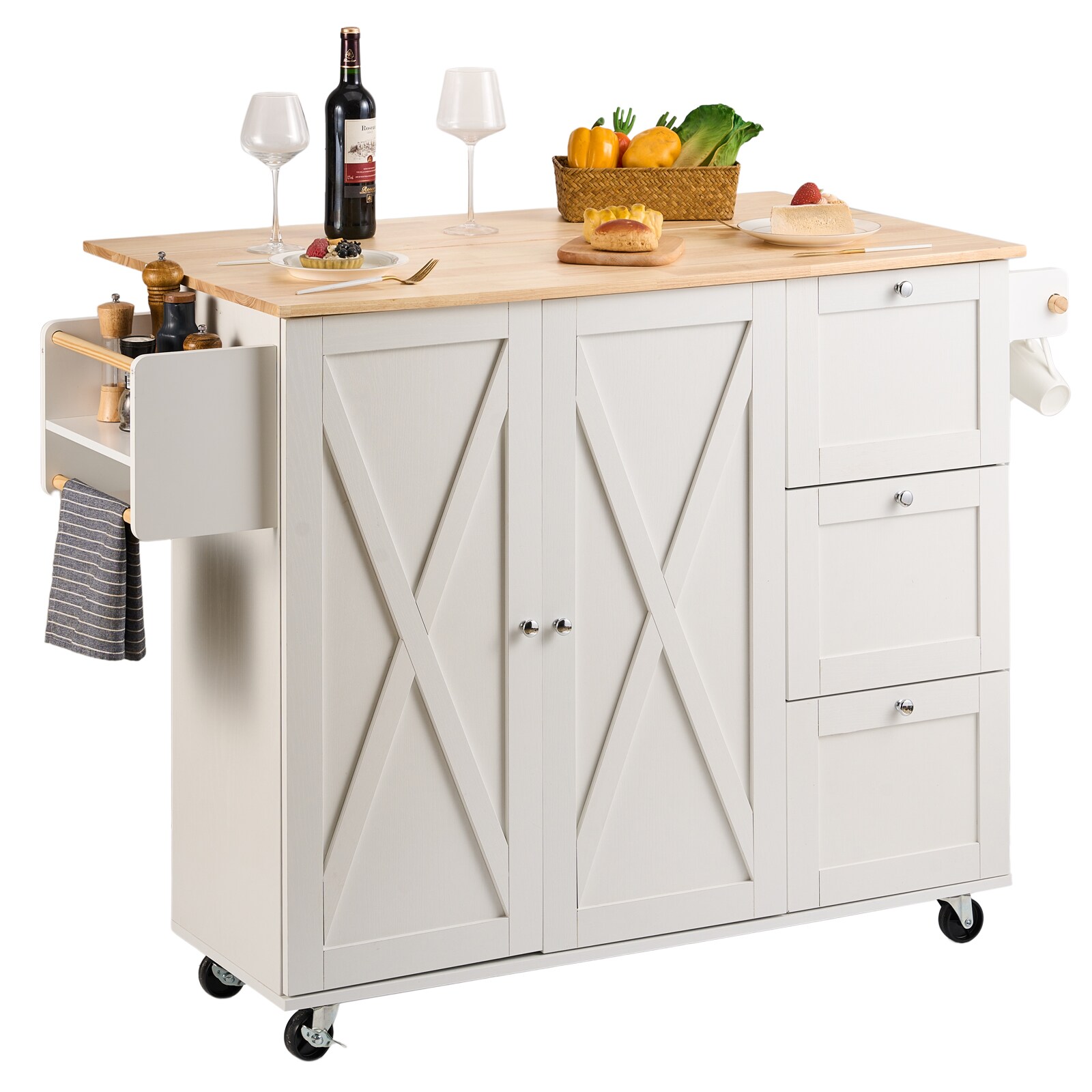 Kitchen Island With Solid Wood Top And Storage Cabinet On Wheels_voghion.com